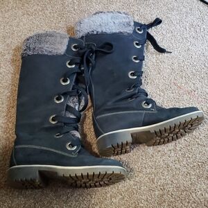TIMBERLAND Mirney Faux Fur Knee High Lace Up Boots Black Size 6